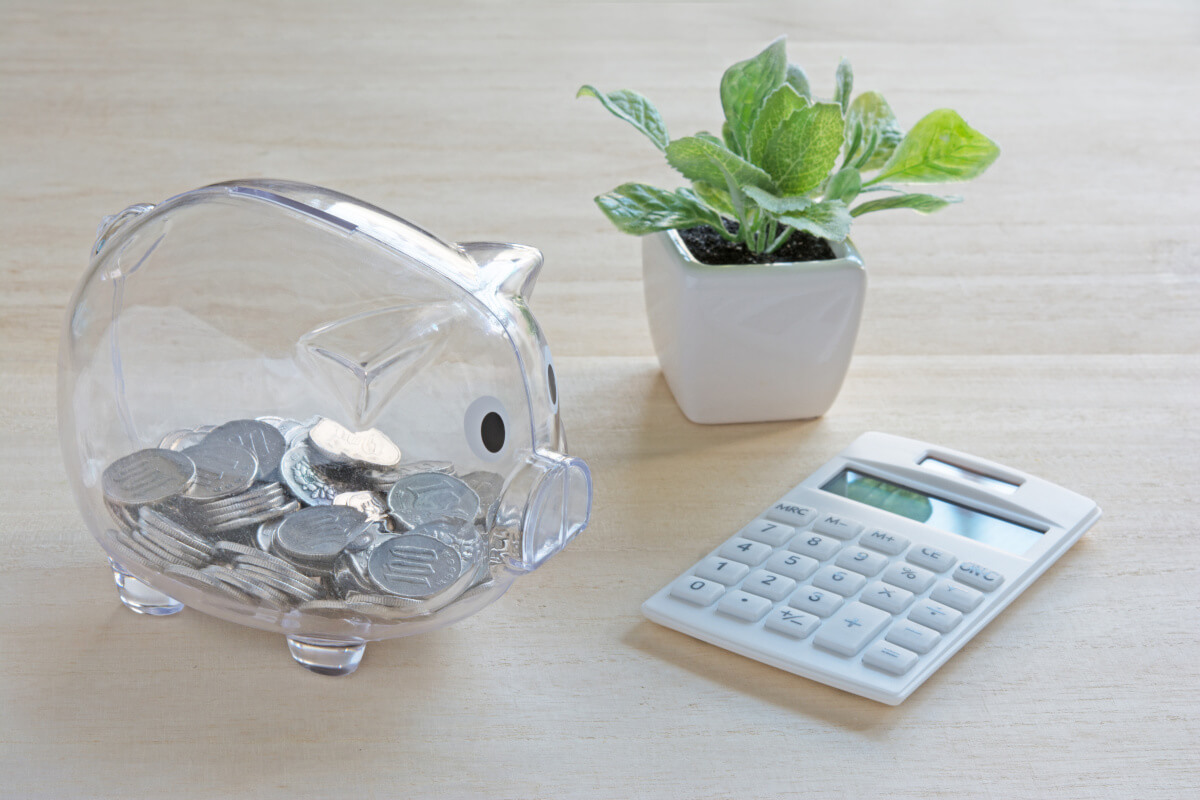 透明な豚の貯金箱と電卓